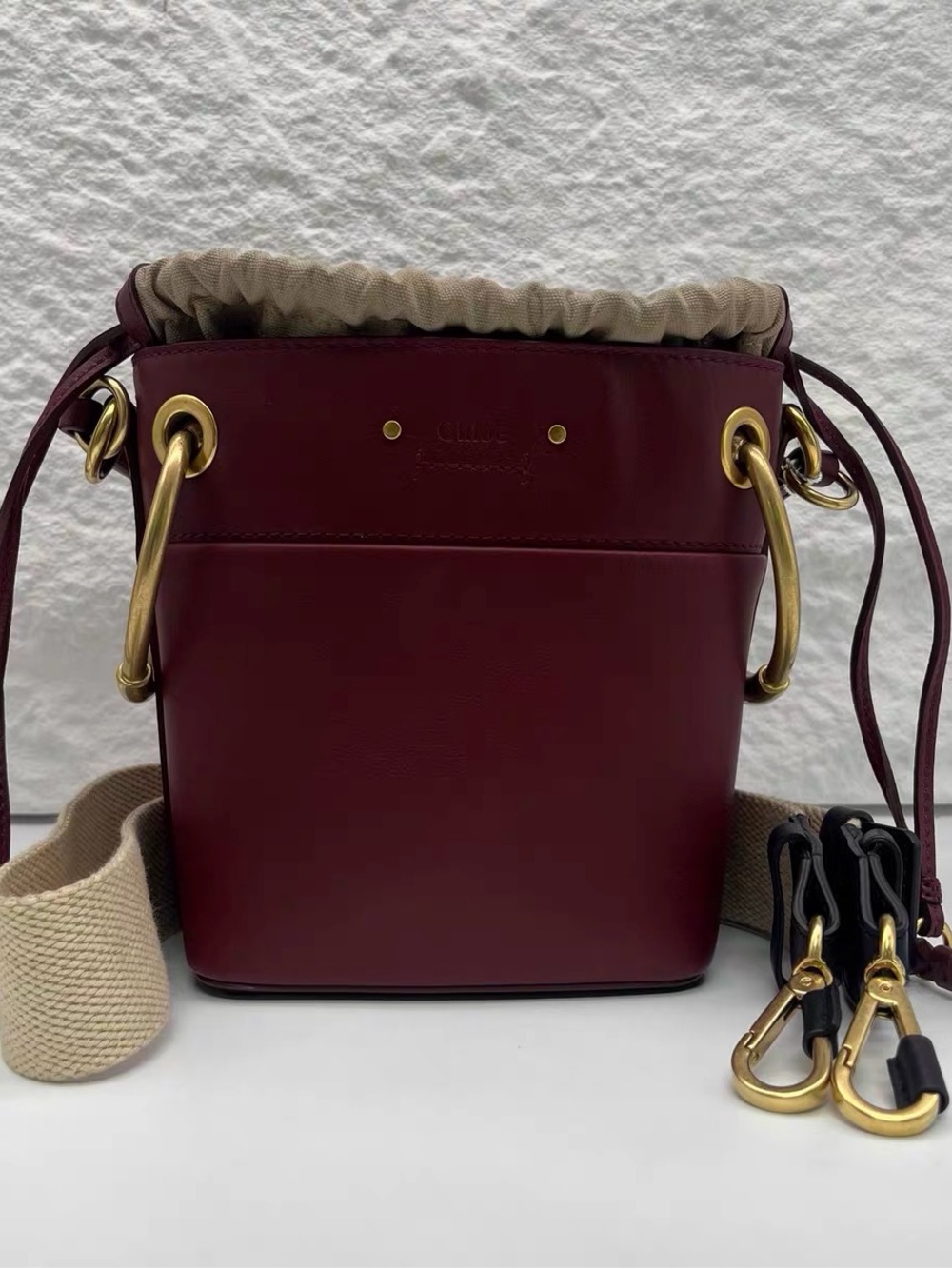 Burgundy Leather Small Bucket Bag with Canvas Drawstring